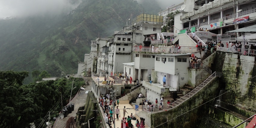 An image of the Mata Vaishno Devi Bhawan in Katra offering basic amenities to pilgrims.