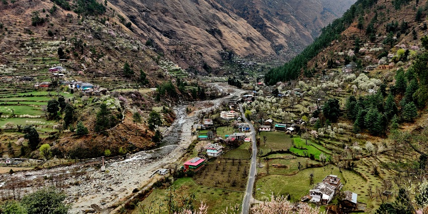An aerial view of Tirthan Valley in Himachal Pradesh with its quaint villages and meadows