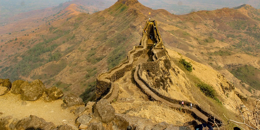 View of the valleys from the southernmost corner of the Torna fort in Maharashtra.