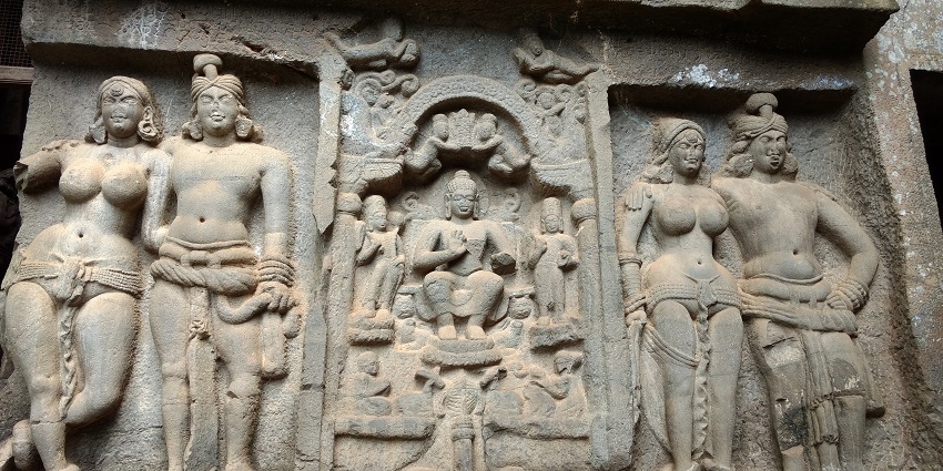 Ekvira Temple entrance at Karla Caves, showcasing stunning rock-cut architecture.