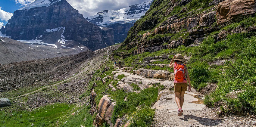 A glimpse of a person trekking through the rustic trails surrounded by lush greenery.