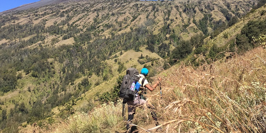 A picture of explorers hiking the steep trails of Mount Rinjani under the sun