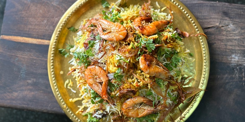 Image prawn biryani in Trichy served on a beautiful plate, known for aromatic spices