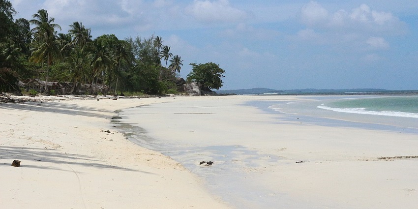 A serene view of Trikora Beach with soft white sand and turquoise waters