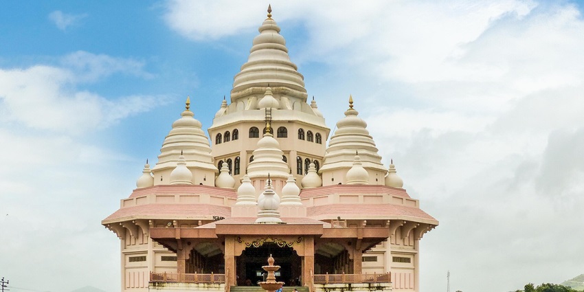 Vibrant view of Tukaram Mandir, showcasing intricate architecture and colourful decorations