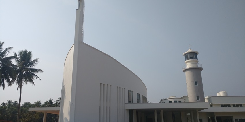 A frontal view of the famous Boat Church in Udupi, shaped like a boat front and painted white