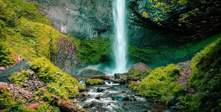 Beautiful view of Ulakkai Aruvi Waterfalls in the district of Kanyakumari in Tamil Nadu.