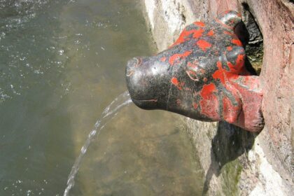 Water flowing from the spout shaped like a cow in Unapdev Hot Water Spring, Jalgaon