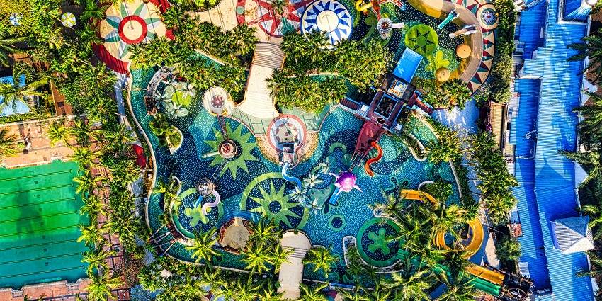 Aerial view of the several slides available at the Varanasi Fun City Water Park