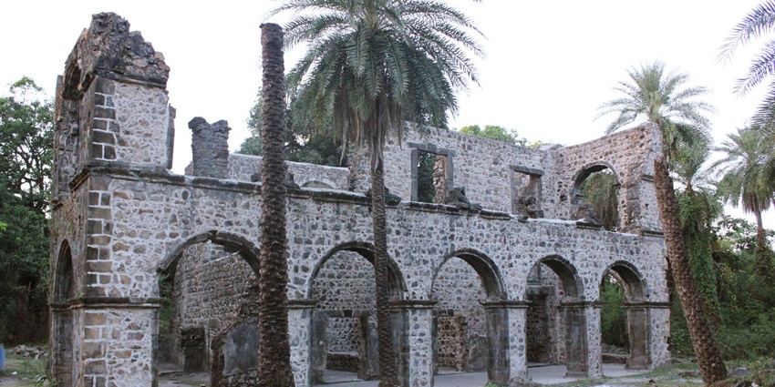 A picture of the ruins of a historical fort with tall pine trees all around