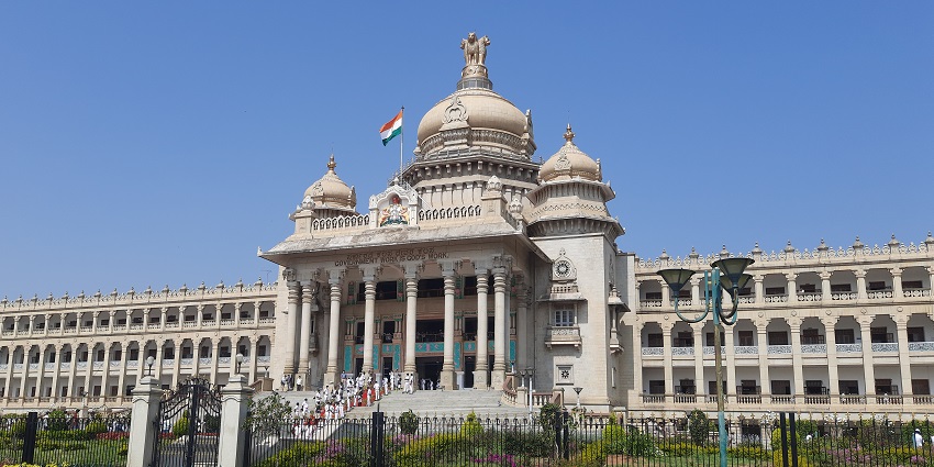 Vidhana Soudha, the Neo-Dravidian architecture, an illuminated landmark in Bangalore.