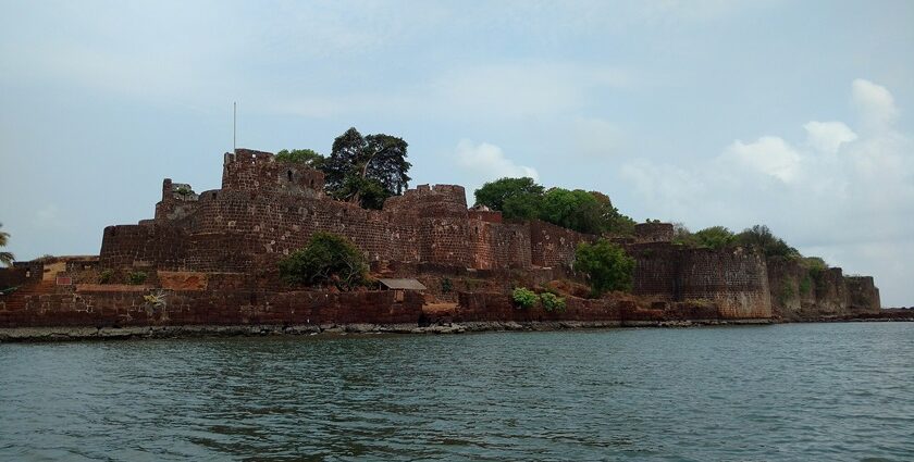 Vijaydurg Fort, a famous fort in Maharashtra, stands tall with historic stone walls.