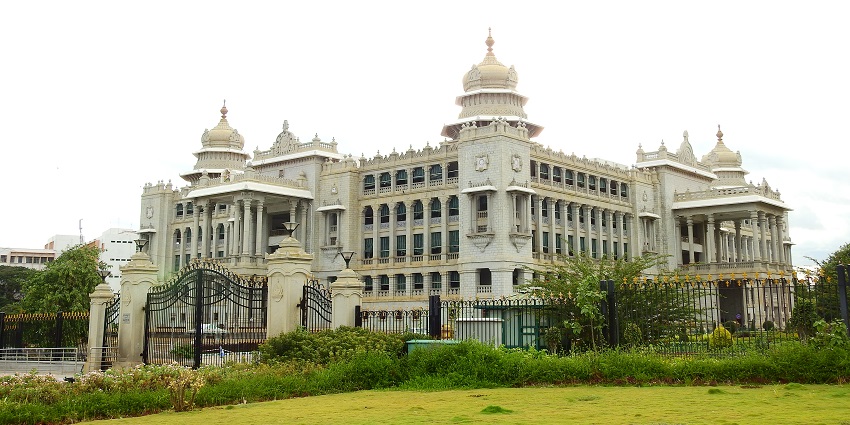 Vikasa Soudha, a majestic landmark, is a place to visit in Bangalore at night.