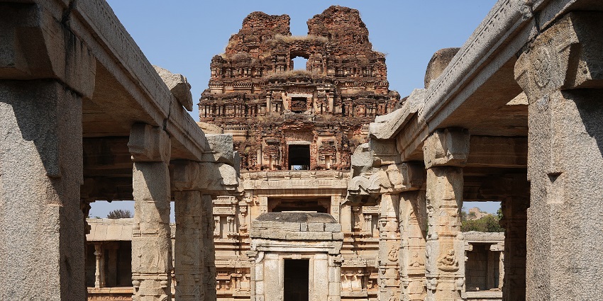 Image of Achyutaraya Temple inner court with anceint architechture carved stones and historical significance