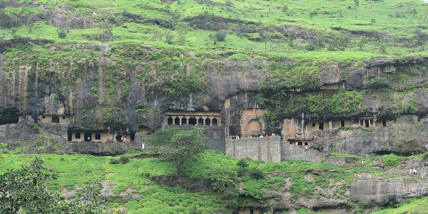 A glimpse of ancient rock-cut Lenyadri Caves with intricate carvings and tranquil settings.