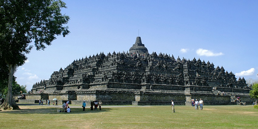 The view of Borobudur temple from the Northwest plateau, Central Java, Indonesia.