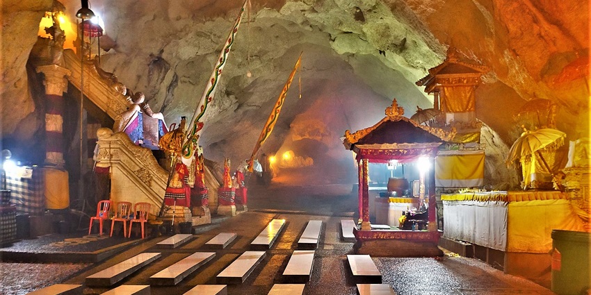 An inside view of the beautiful and historic Goa Giri Putri Temple in Indonesia.