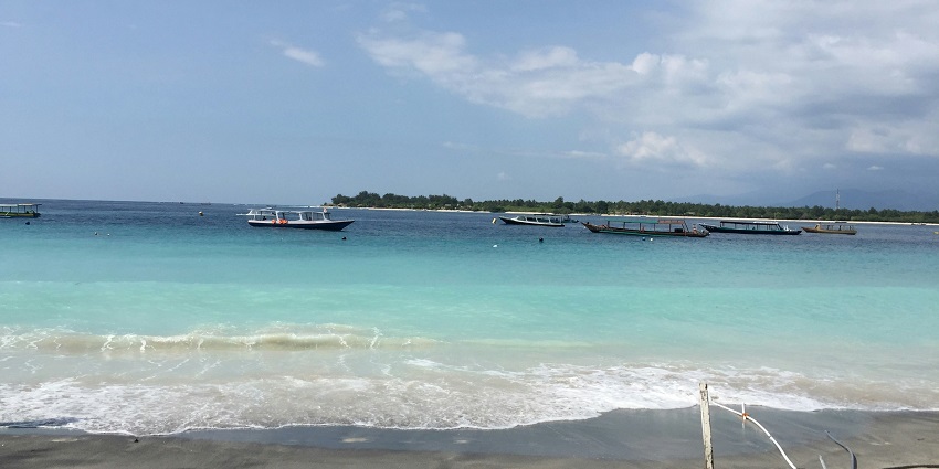 An image of Gili’s eco trust logo with mountains, coconut trees, and waves on it.