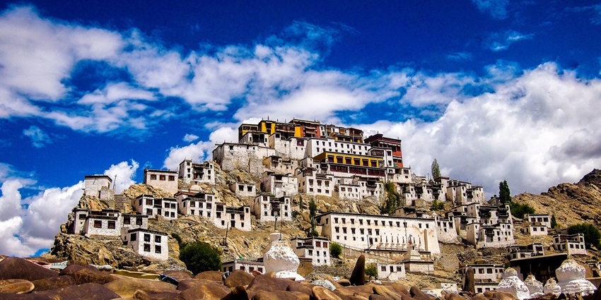 A scenic hilltop monastery with traditional Tibetan architecture in Ladakh.