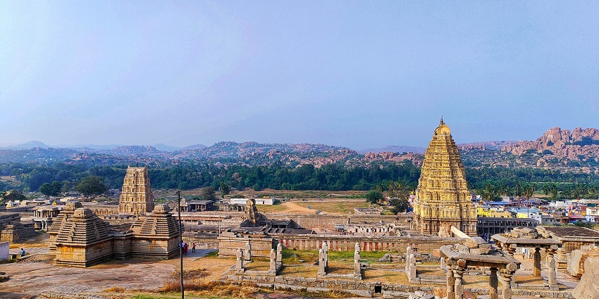 View of iconic Virupaksha Temple is known for its towering gopuram and intricate carvings.