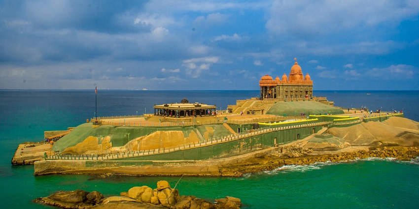 An iconic memorial honouring Swami Vivekananda surrounded by stunning ocean views.