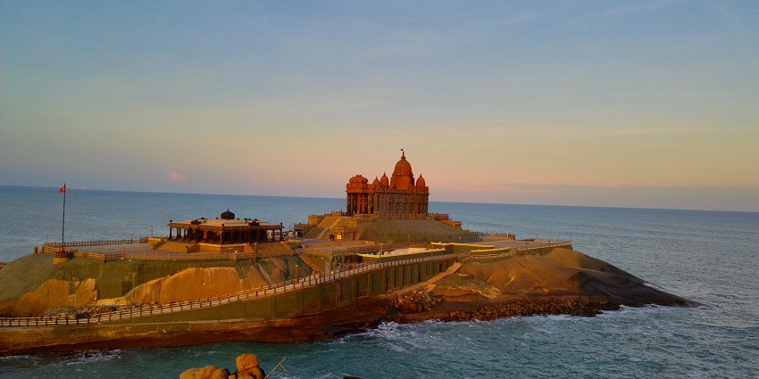 A view of the Vivekananda Rock Memorial located near Vattaparai Waterfalls on the beach.