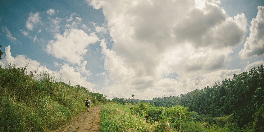 A couple walking on Campuhan Ridge Walk, with the scenic view of the greenery around.