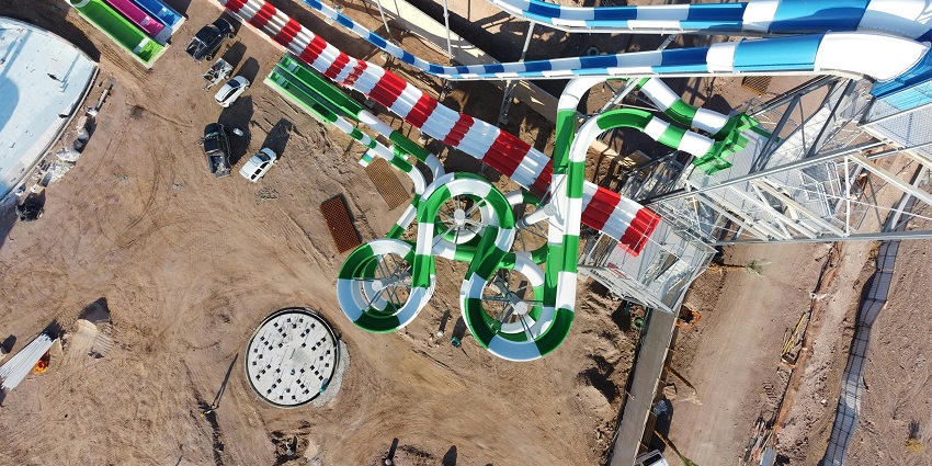 An aerial view of the colourful Water Kingdom, one of the best Borivali water parks.