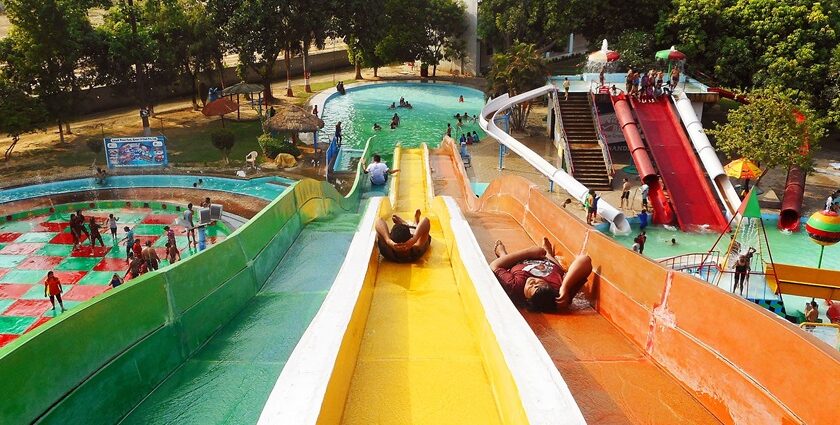 Image of families enjoying thrilling slides at a water park in Uttar Pradesh