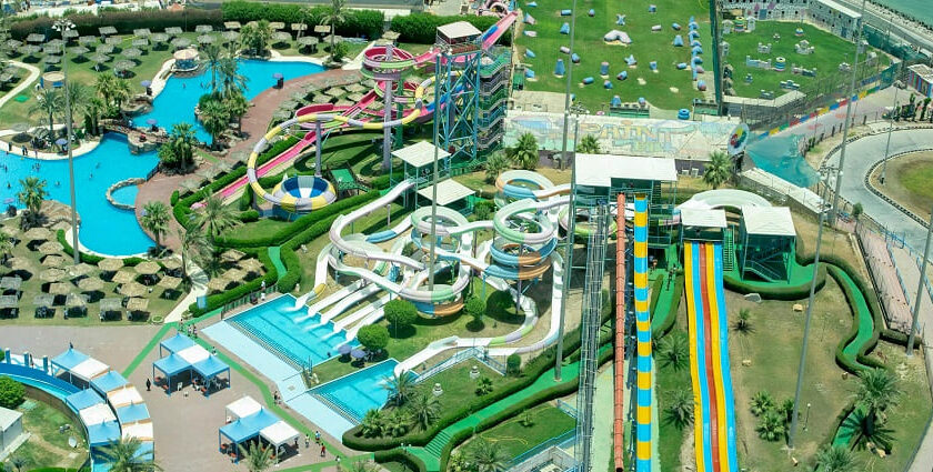 An aerial view of a leisure hub in Maharashtra decked with serene pool and rides.