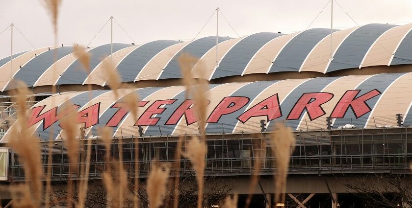 Image of a large sign written water park on a building - explore water parks in panipat