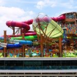 View of large slides and cyclone rides at the Splash n fun, one of the popular water parks near Rewari