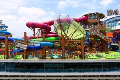 View of large slides and cyclone rides at the Splash n fun, one of the popular water parks near Rewari