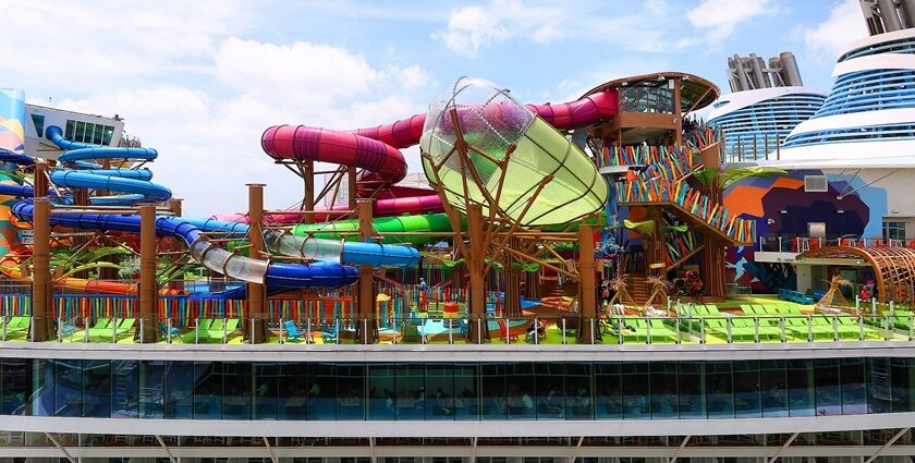 View of large slides and cyclone rides at the Splash n fun, one of the popular water parks near Rewari