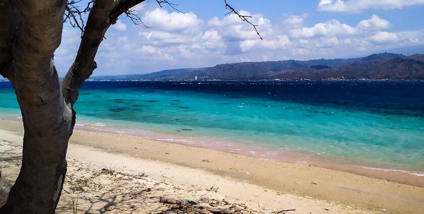 Image of contrast colours of sand and sea depth can be seen on the beach of West Bali National Park