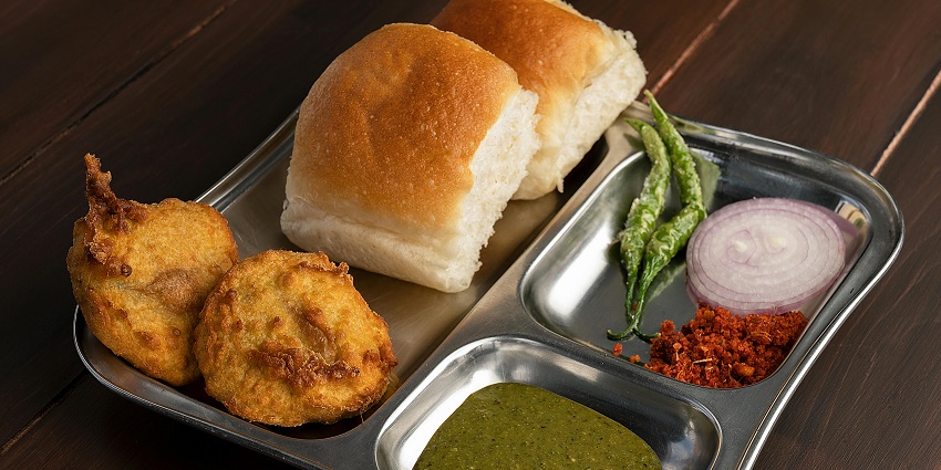 Authentic Maharashtrian dish, Vada pav, served at a local eatery nearby