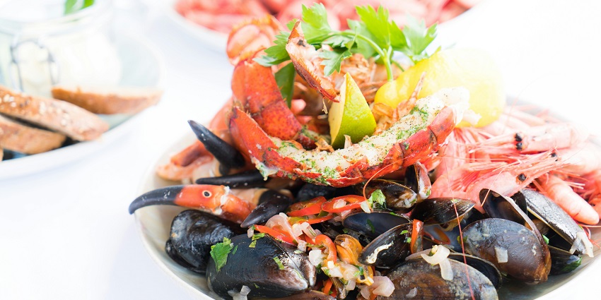 Exotic seafood served at a restaurant nearby