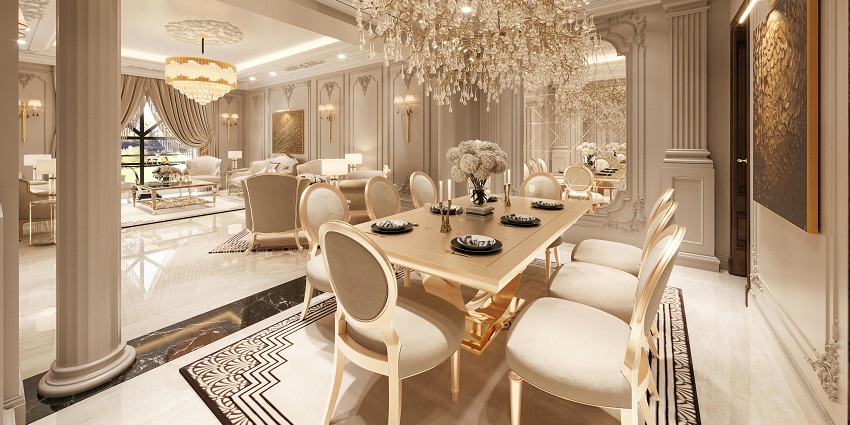 A luxurious setup in a grand way with a big chandelier creating an aesthetic setting.