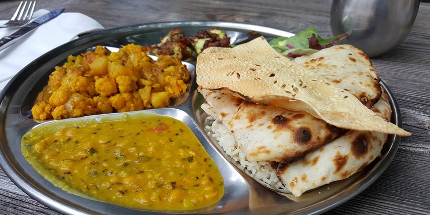 A view of the variety of traditional Indian dishes served at a eatery nearby