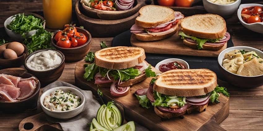 Fresh sandwiches arranged on a kitchen counter with various ingredients in view.