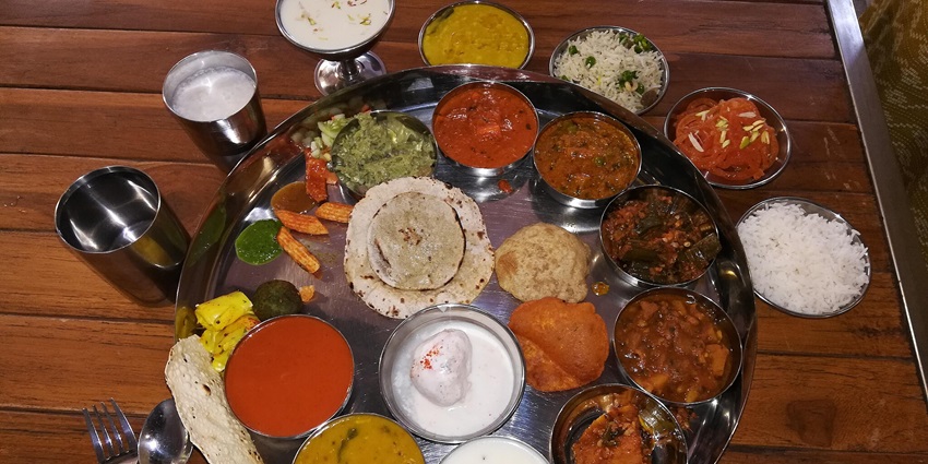 Maharashtrian thali served with various traditional dishes, photographed in Maharashtra