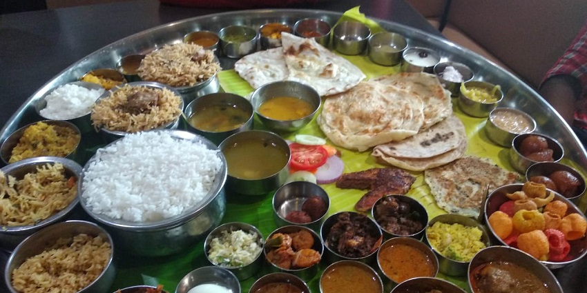 A huge delicious thali provided at the Ponnusamy Hotel in Chennai