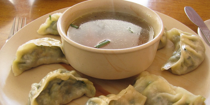 A plate of momos served at a restaurant nearby the Matho monastery