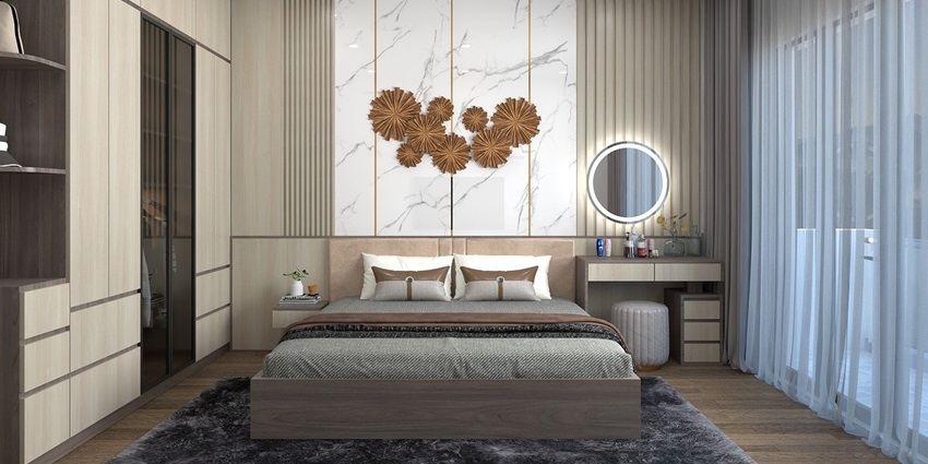 Luxurious hotel suite featuring a spacious bedroom with elegant interior design.