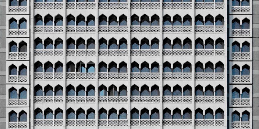 Architectural details of balconies and windows at the Taj Tower Hotel, Mumbai