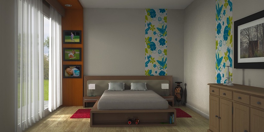 Modern bedroom with stylish decor, a cosy bed, lamps, and minimalist design.