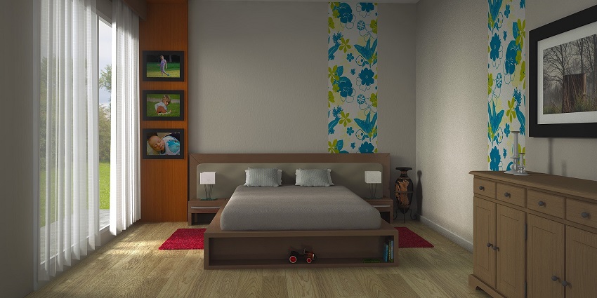 A cosy bedroom with a neatly made bed, modern decor, and soft lighting creating a calm ambience.