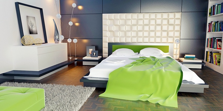 A view of Stylish bedroom featuring a decorative wall panel and cozy furnishings.