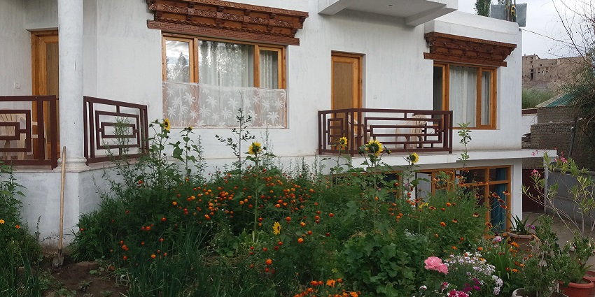 Image of guest house in Ladakh with beautiful mountain view of garden around