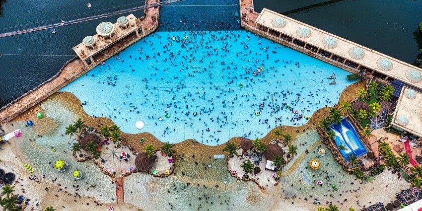 A bird’s eye view of the Wonder World Water Park, one of the best Puri water parks.